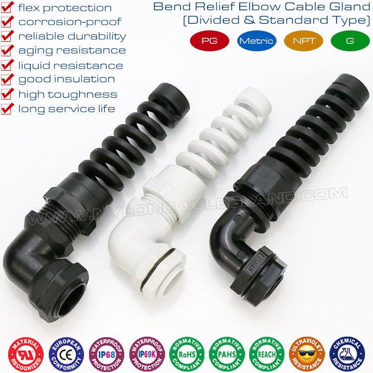 PG & Metric Thread Plastic Elbow Cable Glands, IP68 Right Angle Nylon Cable Glands with Spiral Flexible Protector