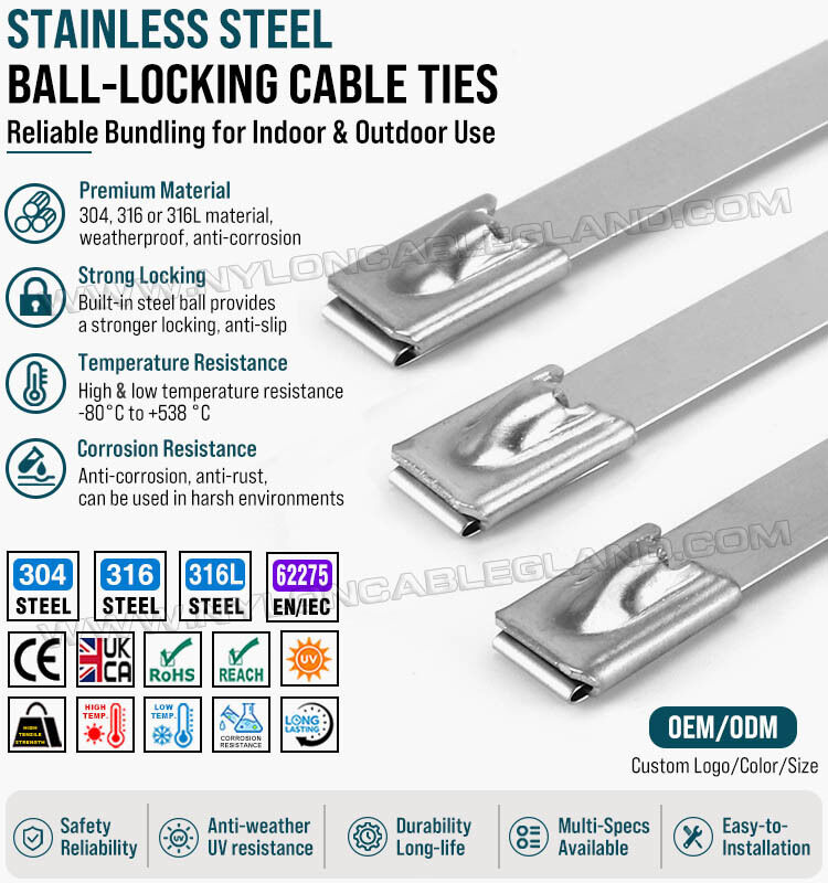 Uncoated Cable Tie Stainless Steel Type 316L, 316 or 304, 12mm Width x 350mm-1100mm Length, 675 lbs (306 kgs/3000N), for Industrial Manufacturing & Machinery