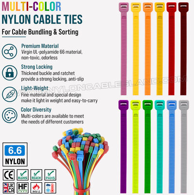 Kolorowy kabel 200 mm x 4.8, 3~50mm Regulowany Nylon 66 Multicolor Zip Tie (222N / 50LBS) dla wizualnego zarządzania kablami