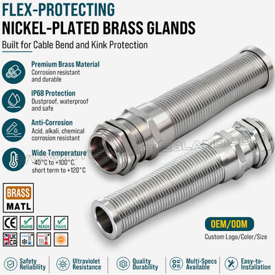 Spiralna metalowa dławica kablowa mosiądzu niklowanego z odciążeniem naprężeń, PG13,5 (Ø 6–12 mm), DIN 40430/EN 62444, do zabezpieczenia kabla przed zagięciem
