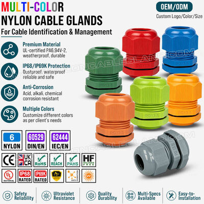 Kolorowe gruczoły kablowe, nylon 6 (poliamid 6, PA6), PG13.5 (6-12 mm i 5-9 mm), IP68/IP69K, do identyfikacji wizualnej i organizacji kabli