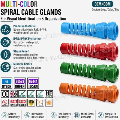 Kolorowa spiralna dławica kablowa z odciążeniem, nylon 6 (poliamid 6/PA6), PG13,5 (Ø 6-12 mm i 5-9 mm), IP68 i IP69K, do identyfikacji i uporządkowania kabli