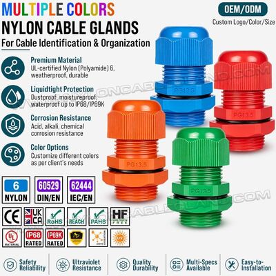 Kolorowe plastikowe nylonowe dławiki kablowe PG13.5 z długim gwintem, IP68/IP69K, do kabli o średnicy 6-12 mm lub 5-9 mm