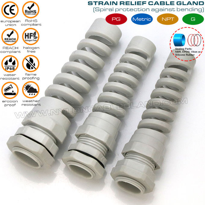 Dławik kablowy spiralny PG nylon 6 IP68, dławik kablowy przegub z odciążeniem PG11 elastyczny dławik kablowy poliamid 6 szary do kabli 5-10mm