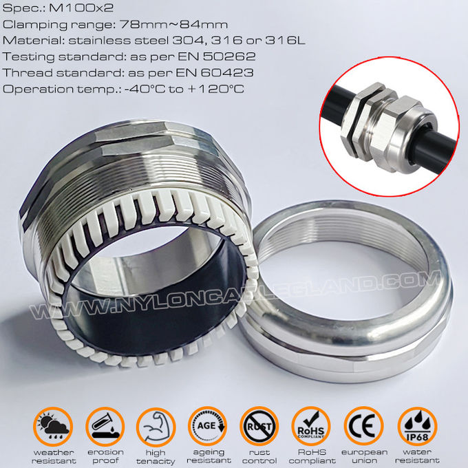 Dławika kablowego metryczny ze stali nierdzewnej 304, 316, 316L, stopień ochrony IP68, EN 60423, M100x2.0, do zakresu 78~84mm