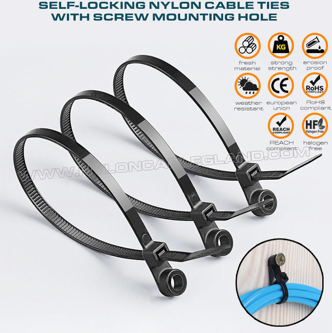 Opaska zaciskowa nylonowa 6.6 z głowicą montażową 300mm x 7.6, plastikowa opaska trytka 120lbs z otworem na śrubę do stosowania wewnątrz i na zewnątrz
