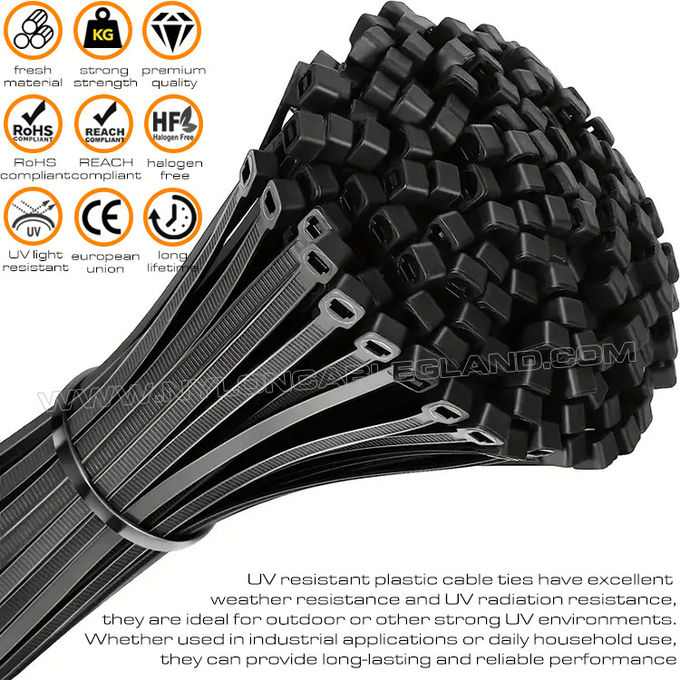 Opaska kablowa odporna na promieniowanie UV, czarna nylonowa zaciskowa trytytka 6.6 z tworzywa sztucznego 200 mm x 4,8 (22 kg, 50 funtów, 222 N) do środowisk o wysokim natężeniu promieniowania UV